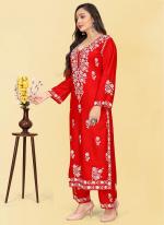 Rayon Red Traditional Wear Chikankari Work Readymade Kurti With Plazzo